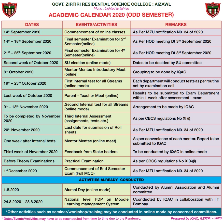 academic calendar 2020