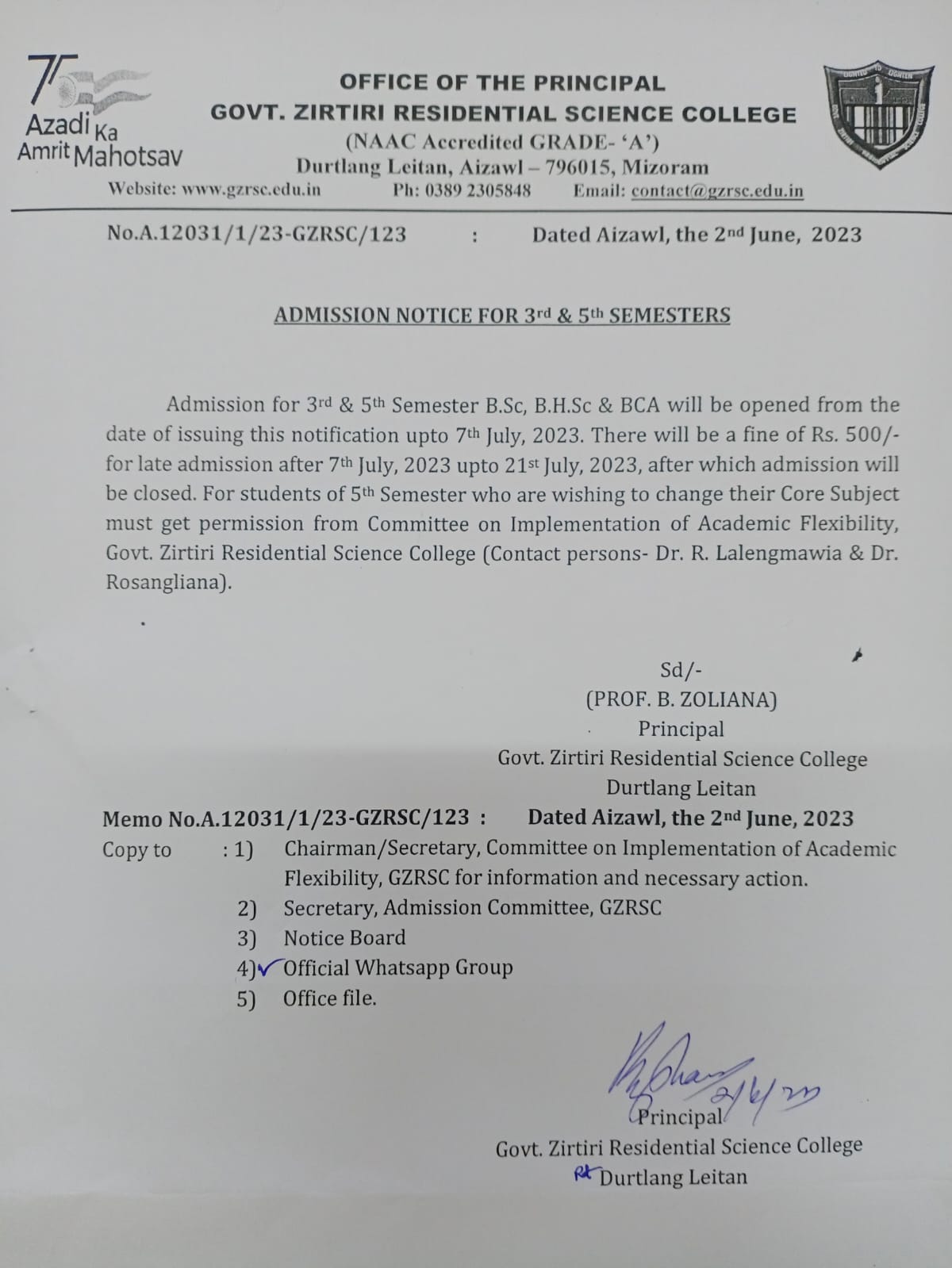 admission notice for 3rd and 5th semesters