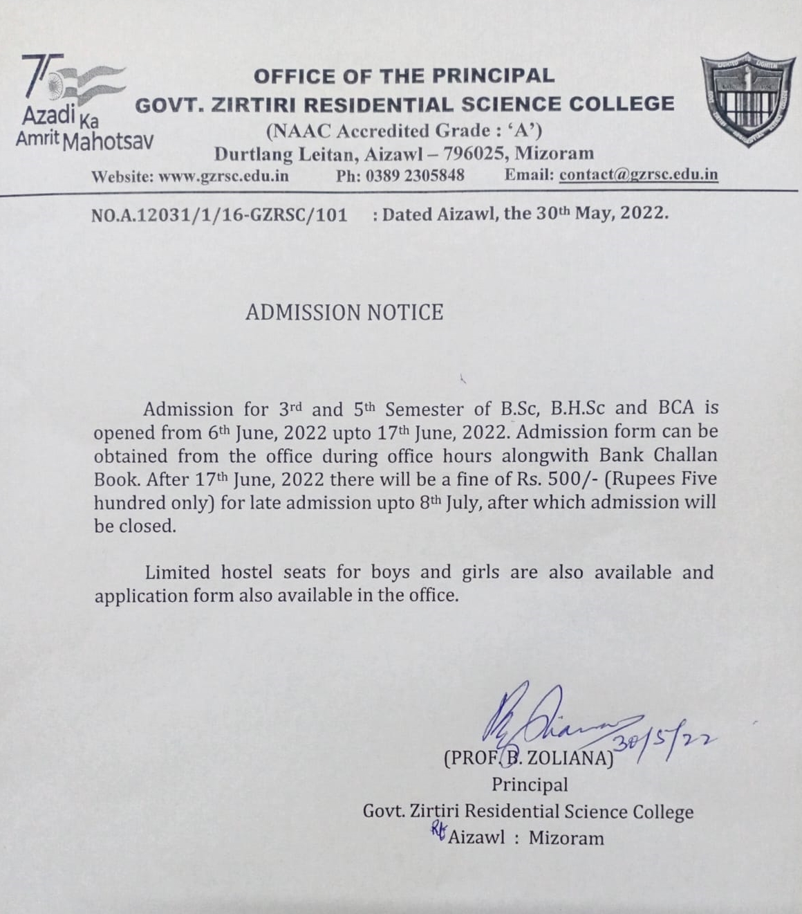 Admission Notice for 3rd and 5th semesters